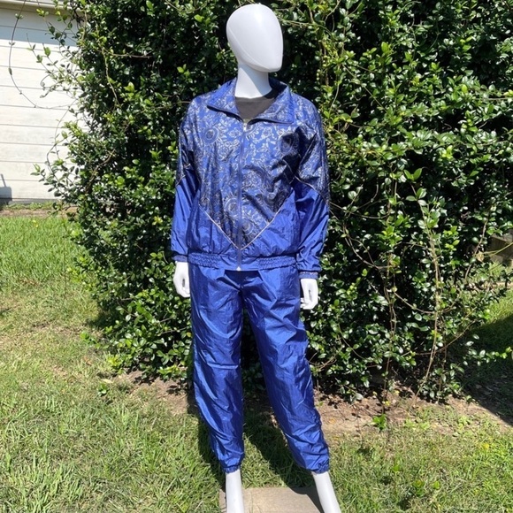 VINTAGE Chaver Graphic Print Royal Blue Parachute Ski Jacket & Pants - Picture 1 of 15
